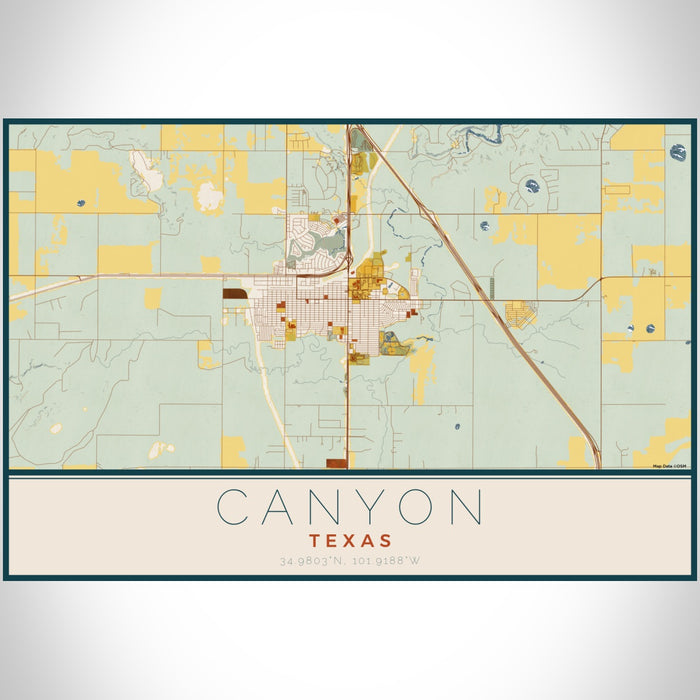 Canyon Texas Map Print Landscape Orientation in Woodblock Style With Shaded Background