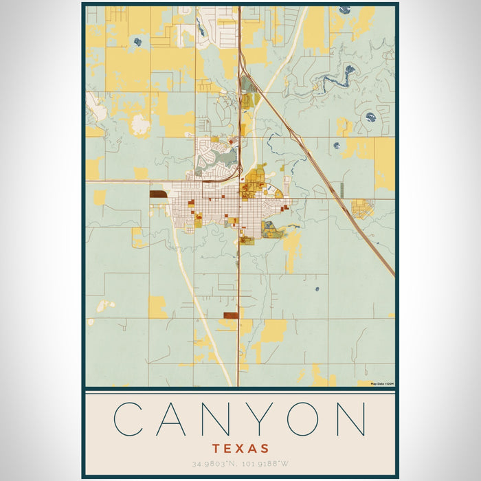 Canyon Texas Map Print Portrait Orientation in Woodblock Style With Shaded Background