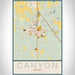 Canyon Texas Map Print Portrait Orientation in Woodblock Style With Shaded Background