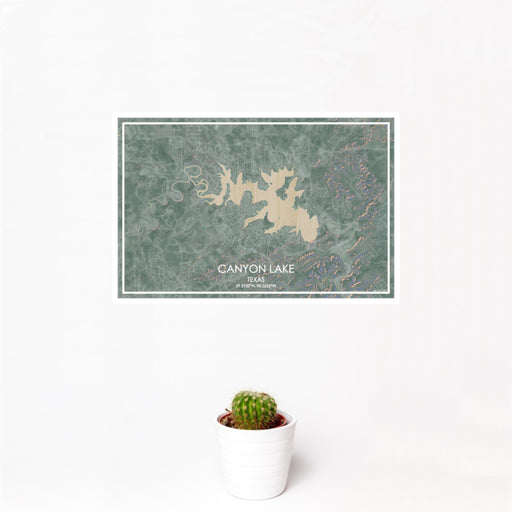 12x18 Canyon Lake Texas Map Print Landscape Orientation in Afternoon Style With Small Cactus Plant in White Planter