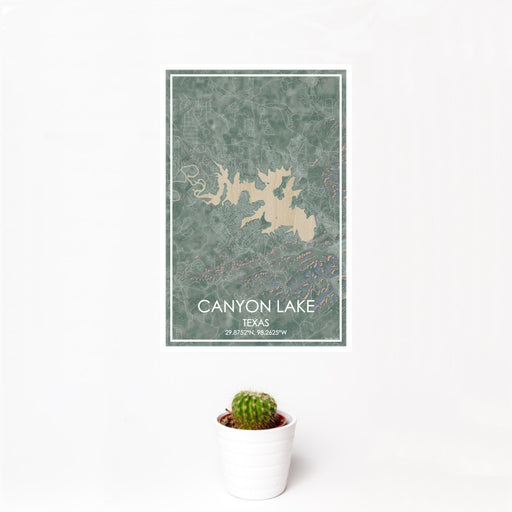 12x18 Canyon Lake Texas Map Print Portrait Orientation in Afternoon Style With Small Cactus Plant in White Planter