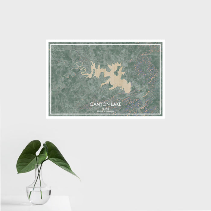 16x24 Canyon Lake Texas Map Print Landscape Orientation in Afternoon Style With Tropical Plant Leaves in Water