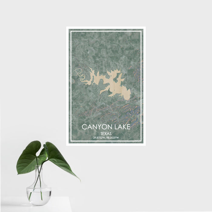 16x24 Canyon Lake Texas Map Print Portrait Orientation in Afternoon Style With Tropical Plant Leaves in Water