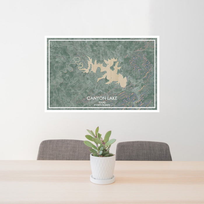 24x36 Canyon Lake Texas Map Print Lanscape Orientation in Afternoon Style Behind 2 Chairs Table and Potted Plant