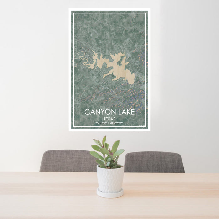 24x36 Canyon Lake Texas Map Print Portrait Orientation in Afternoon Style Behind 2 Chairs Table and Potted Plant
