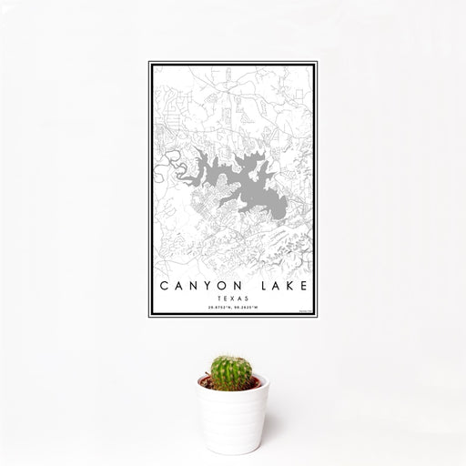 12x18 Canyon Lake Texas Map Print Portrait Orientation in Classic Style With Small Cactus Plant in White Planter