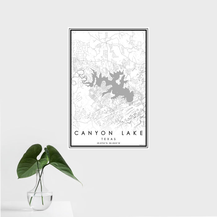 16x24 Canyon Lake Texas Map Print Portrait Orientation in Classic Style With Tropical Plant Leaves in Water
