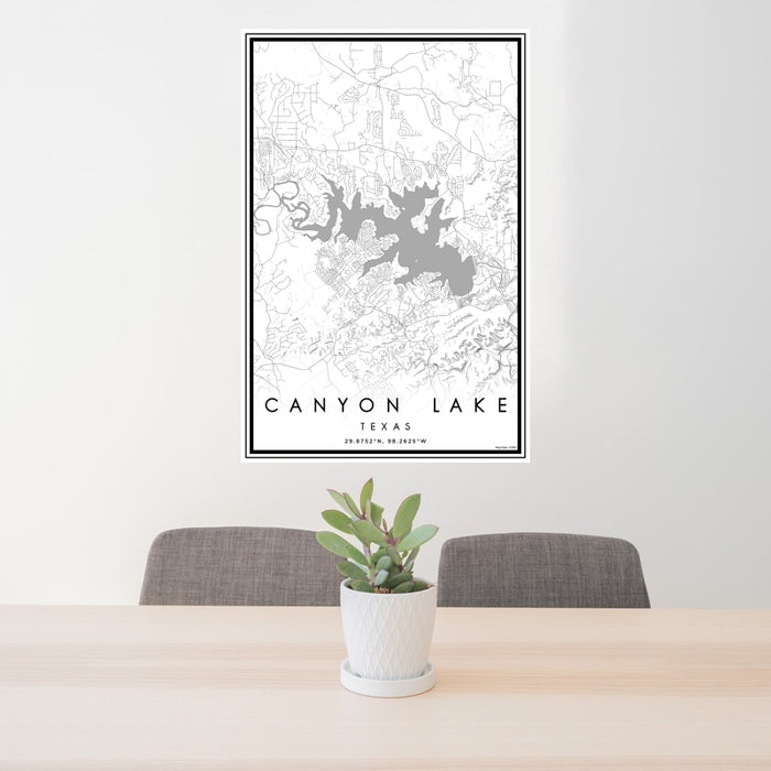 24x36 Canyon Lake Texas Map Print Portrait Orientation in Classic Style Behind 2 Chairs Table and Potted Plant