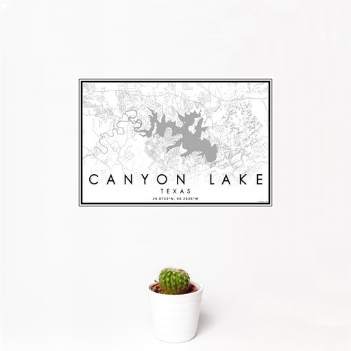 12x18 Canyon Lake Texas Map Print Landscape Orientation in Classic Style With Small Cactus Plant in White Planter