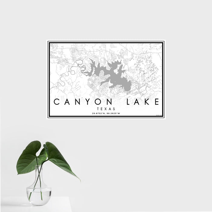 16x24 Canyon Lake Texas Map Print Landscape Orientation in Classic Style With Tropical Plant Leaves in Water