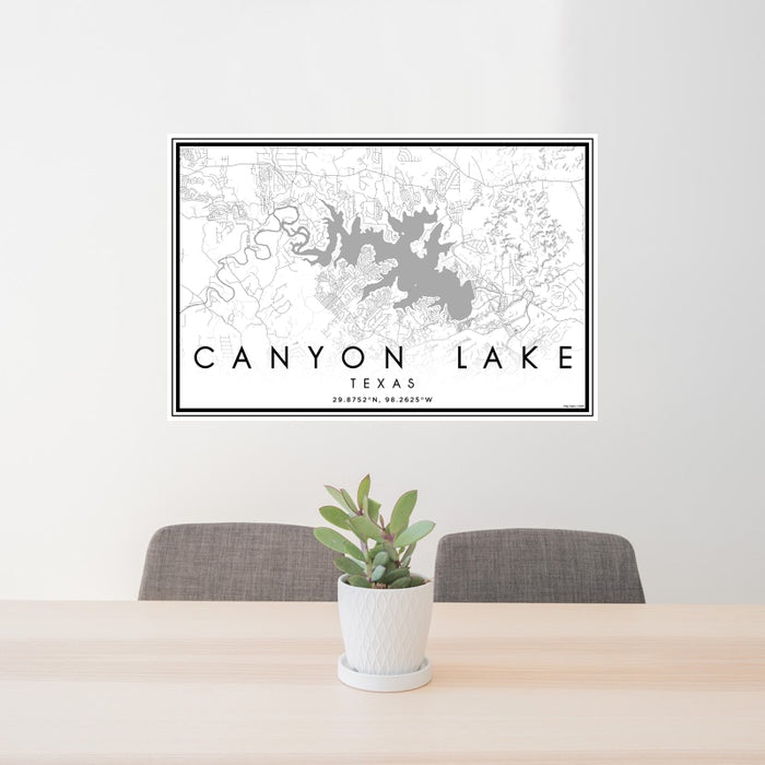 24x36 Canyon Lake Texas Map Print Landscape Orientation in Classic Style Behind 2 Chairs Table and Potted Plant