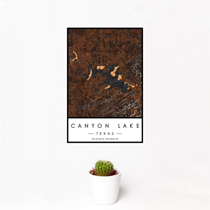 12x18 Canyon Lake Texas Map Print Portrait Orientation in Ember Style With Small Cactus Plant in White Planter