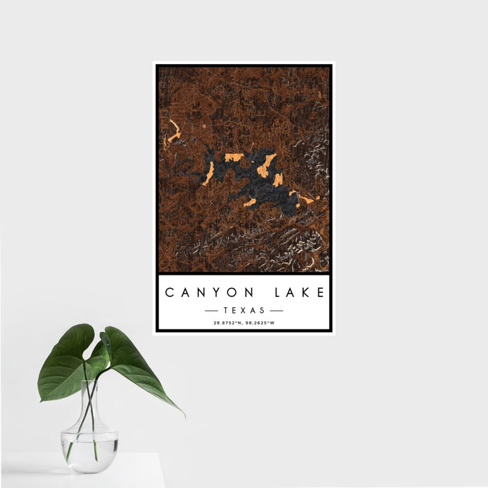 16x24 Canyon Lake Texas Map Print Portrait Orientation in Ember Style With Tropical Plant Leaves in Water