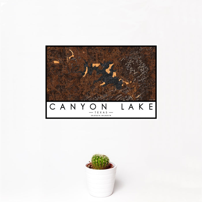 12x18 Canyon Lake Texas Map Print Landscape Orientation in Ember Style With Small Cactus Plant in White Planter