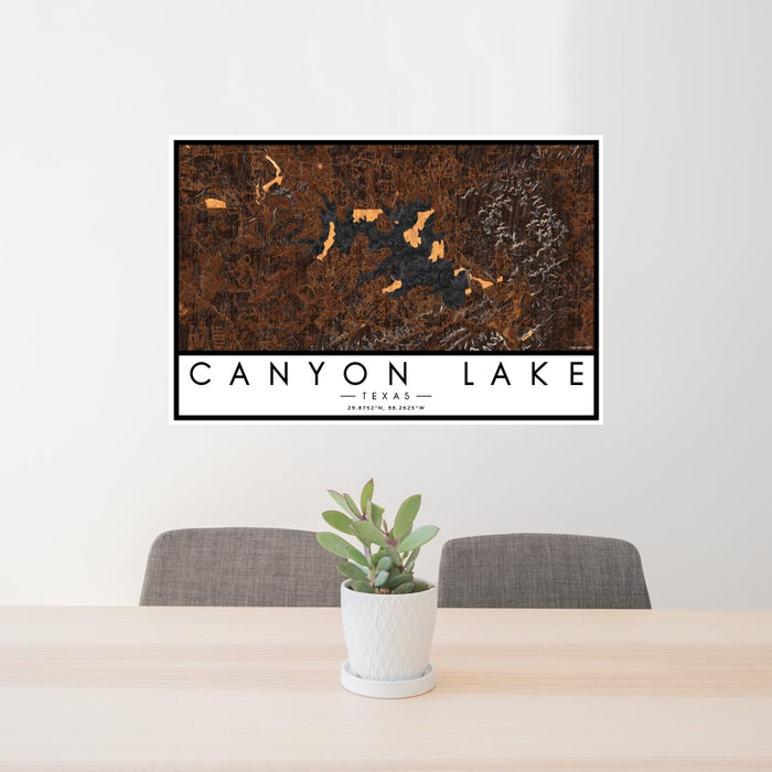24x36 Canyon Lake Texas Map Print Landscape Orientation in Ember Style Behind 2 Chairs Table and Potted Plant
