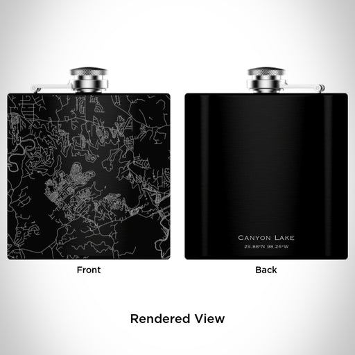 Rendered View of Canyon Lake Texas Map Engraving on 6oz Stainless Steel Flask in Black