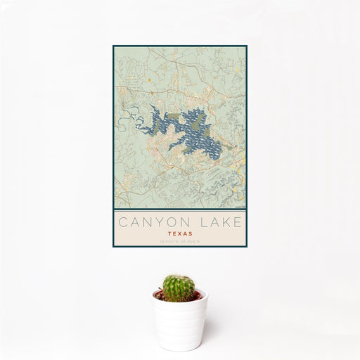 12x18 Canyon Lake Texas Map Print Portrait Orientation in Woodblock Style With Small Cactus Plant in White Planter
