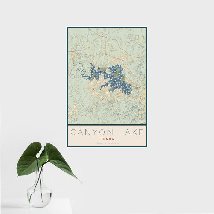 16x24 Canyon Lake Texas Map Print Portrait Orientation in Woodblock Style With Tropical Plant Leaves in Water