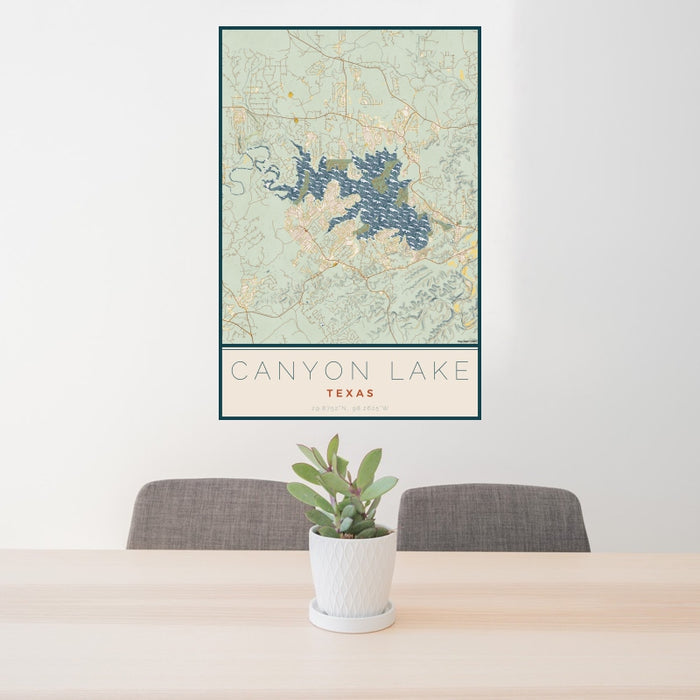24x36 Canyon Lake Texas Map Print Portrait Orientation in Woodblock Style Behind 2 Chairs Table and Potted Plant