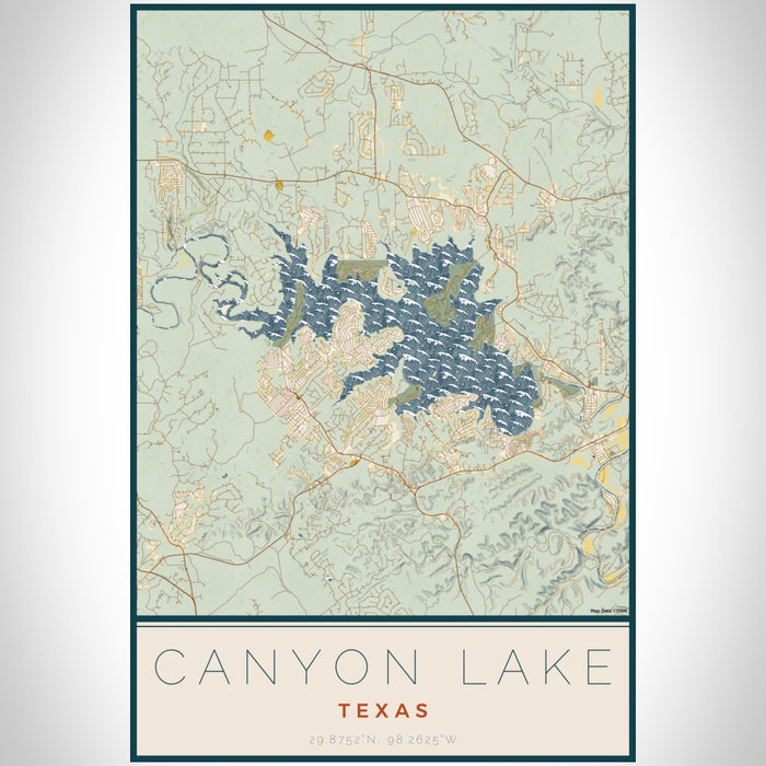 Canyon Lake Texas Map Print Portrait Orientation in Woodblock Style With Shaded Background