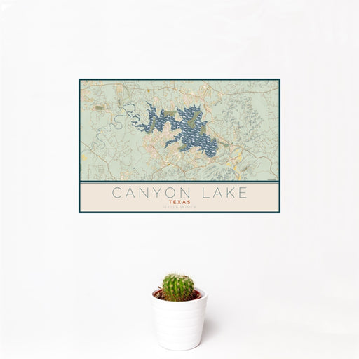 12x18 Canyon Lake Texas Map Print Landscape Orientation in Woodblock Style With Small Cactus Plant in White Planter