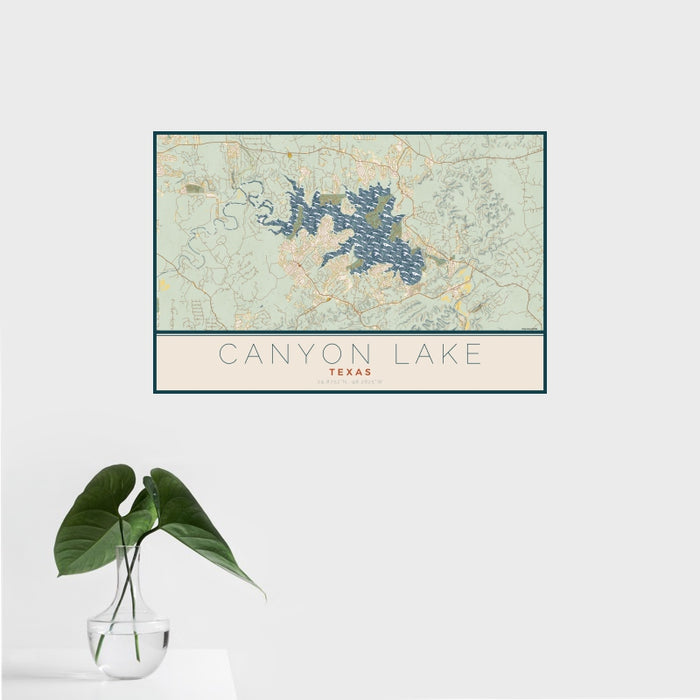 16x24 Canyon Lake Texas Map Print Landscape Orientation in Woodblock Style With Tropical Plant Leaves in Water
