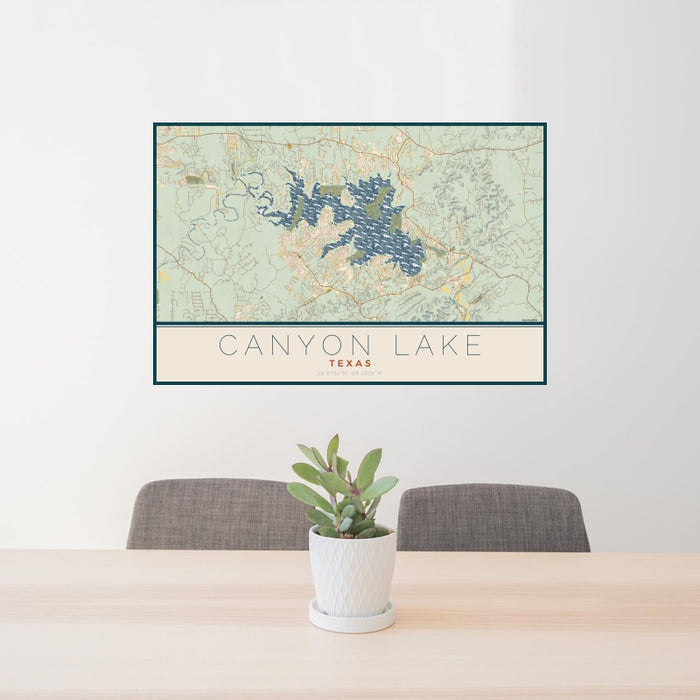 24x36 Canyon Lake Texas Map Print Landscape Orientation in Woodblock Style Behind 2 Chairs Table and Potted Plant