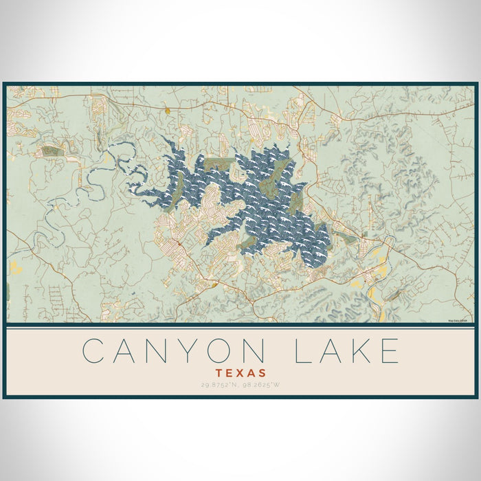 Canyon Lake Texas Map Print Landscape Orientation in Woodblock Style With Shaded Background