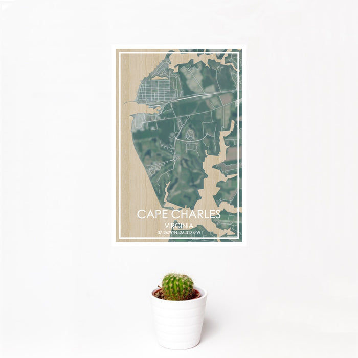 12x18 Cape Charles Virginia Map Print Portrait Orientation in Afternoon Style With Small Cactus Plant in White Planter