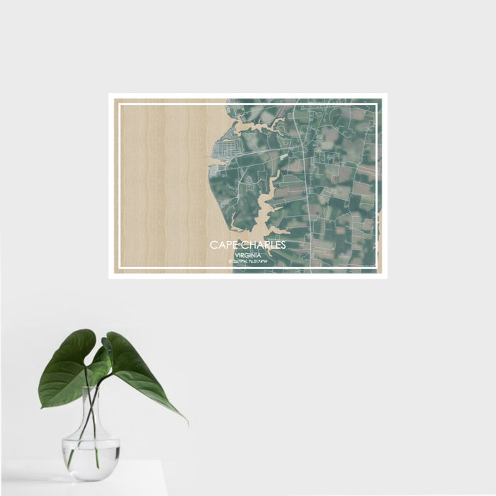 16x24 Cape Charles Virginia Map Print Landscape Orientation in Afternoon Style With Tropical Plant Leaves in Water