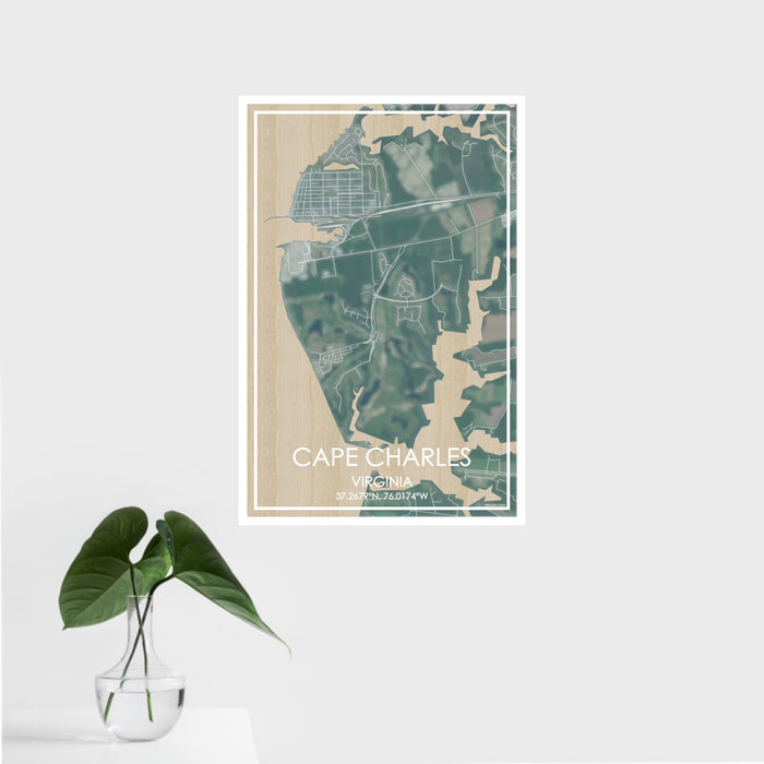 16x24 Cape Charles Virginia Map Print Portrait Orientation in Afternoon Style With Tropical Plant Leaves in Water