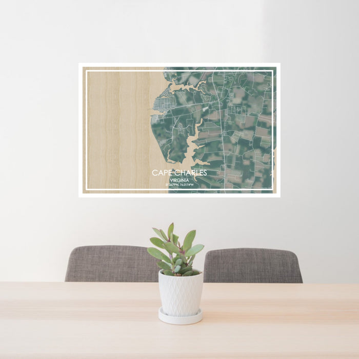 24x36 Cape Charles Virginia Map Print Lanscape Orientation in Afternoon Style Behind 2 Chairs Table and Potted Plant