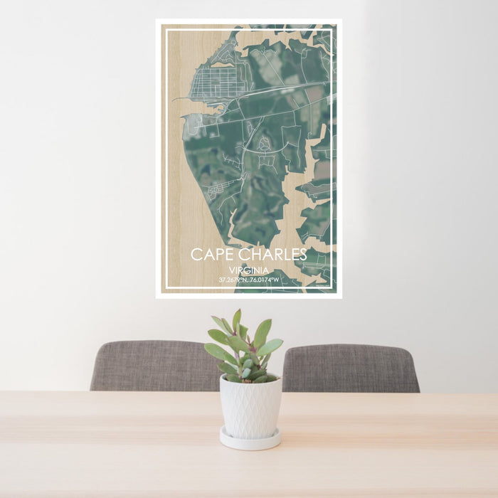24x36 Cape Charles Virginia Map Print Portrait Orientation in Afternoon Style Behind 2 Chairs Table and Potted Plant