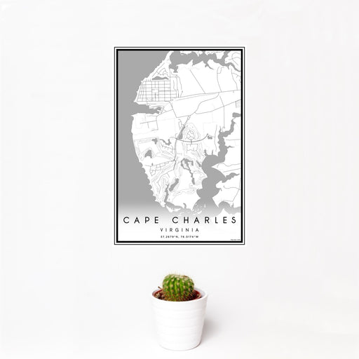 12x18 Cape Charles Virginia Map Print Portrait Orientation in Classic Style With Small Cactus Plant in White Planter