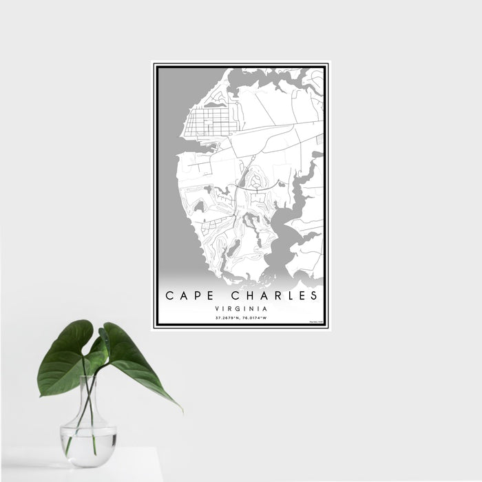 16x24 Cape Charles Virginia Map Print Portrait Orientation in Classic Style With Tropical Plant Leaves in Water