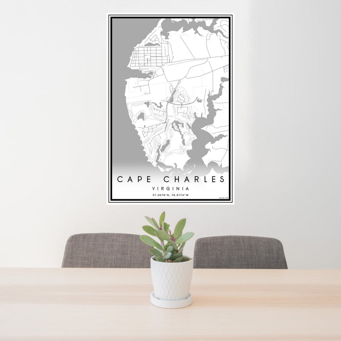 24x36 Cape Charles Virginia Map Print Portrait Orientation in Classic Style Behind 2 Chairs Table and Potted Plant
