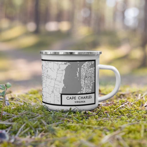 Right View Custom Cape Charles Virginia Map Enamel Mug in Classic on Grass With Trees in Background