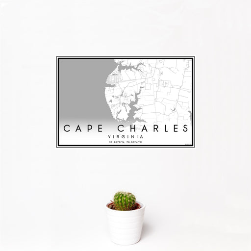 12x18 Cape Charles Virginia Map Print Landscape Orientation in Classic Style With Small Cactus Plant in White Planter
