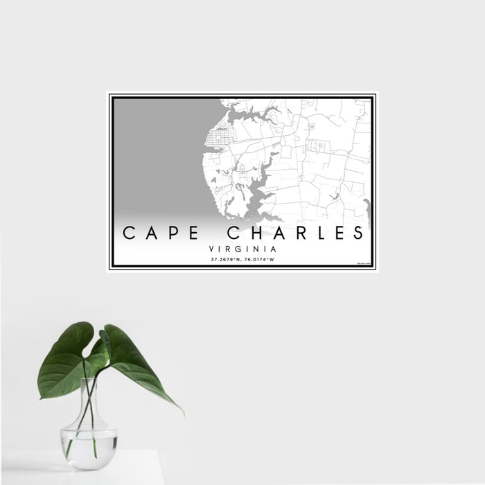 16x24 Cape Charles Virginia Map Print Landscape Orientation in Classic Style With Tropical Plant Leaves in Water