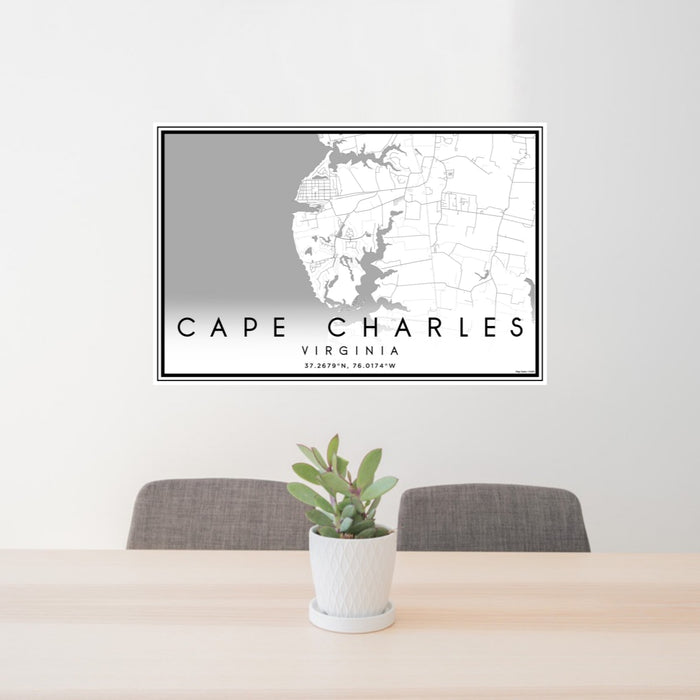 24x36 Cape Charles Virginia Map Print Landscape Orientation in Classic Style Behind 2 Chairs Table and Potted Plant