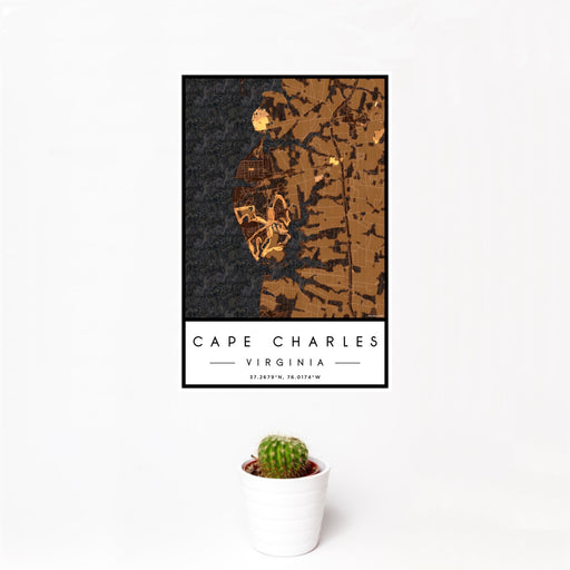 12x18 Cape Charles Virginia Map Print Portrait Orientation in Ember Style With Small Cactus Plant in White Planter