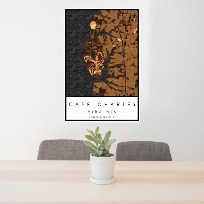 24x36 Cape Charles Virginia Map Print Portrait Orientation in Ember Style Behind 2 Chairs Table and Potted Plant