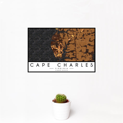 12x18 Cape Charles Virginia Map Print Landscape Orientation in Ember Style With Small Cactus Plant in White Planter
