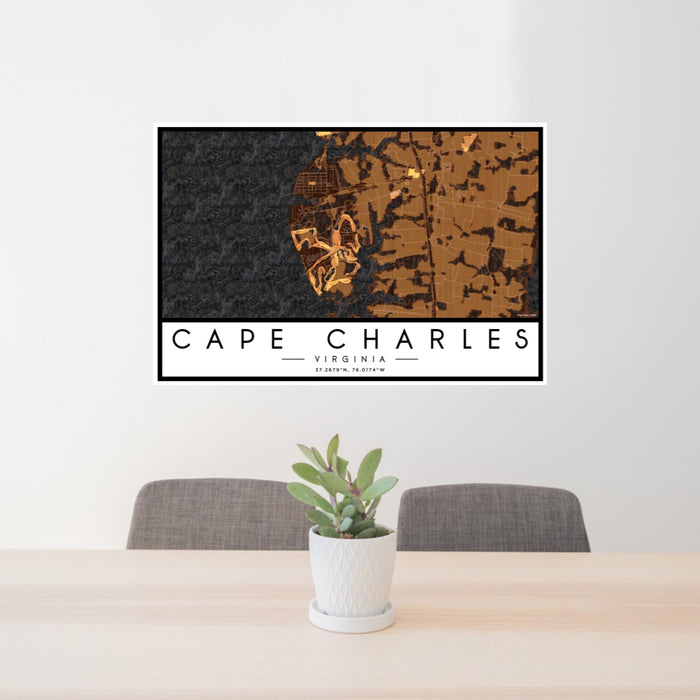 24x36 Cape Charles Virginia Map Print Landscape Orientation in Ember Style Behind 2 Chairs Table and Potted Plant