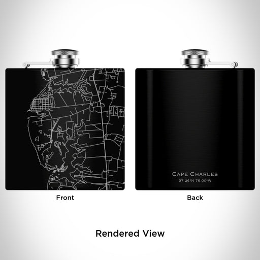 Rendered View of Cape Charles Virginia Map Engraving on 6oz Stainless Steel Flask in Black