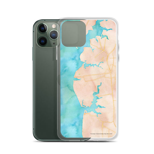 Custom Cape Charles Virginia Map Phone Case in Watercolor on Table with Laptop and Plant
