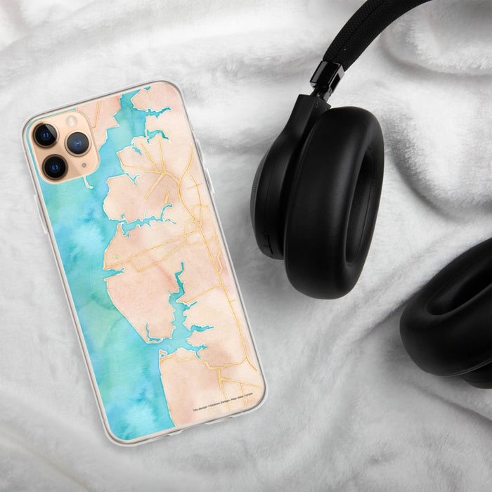 Custom Cape Charles Virginia Map Phone Case in Watercolor on Table with Black Headphones