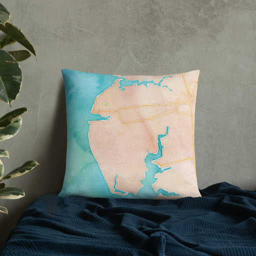 Custom Cape Charles Virginia Map Throw Pillow in Watercolor on Bedding Against Wall