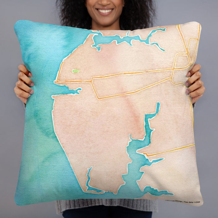 Person holding 22x22 Custom Cape Charles Virginia Map Throw Pillow in Watercolor