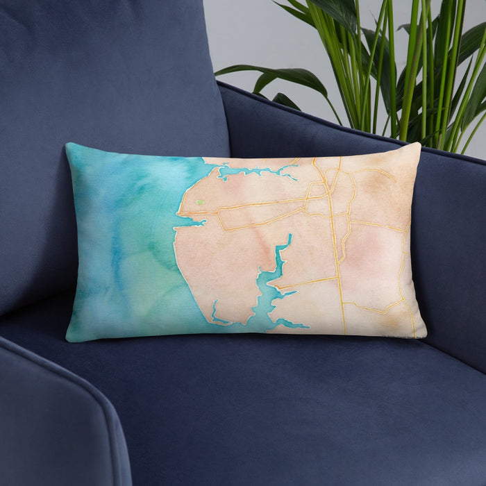 Custom Cape Charles Virginia Map Throw Pillow in Watercolor on Blue Colored Chair